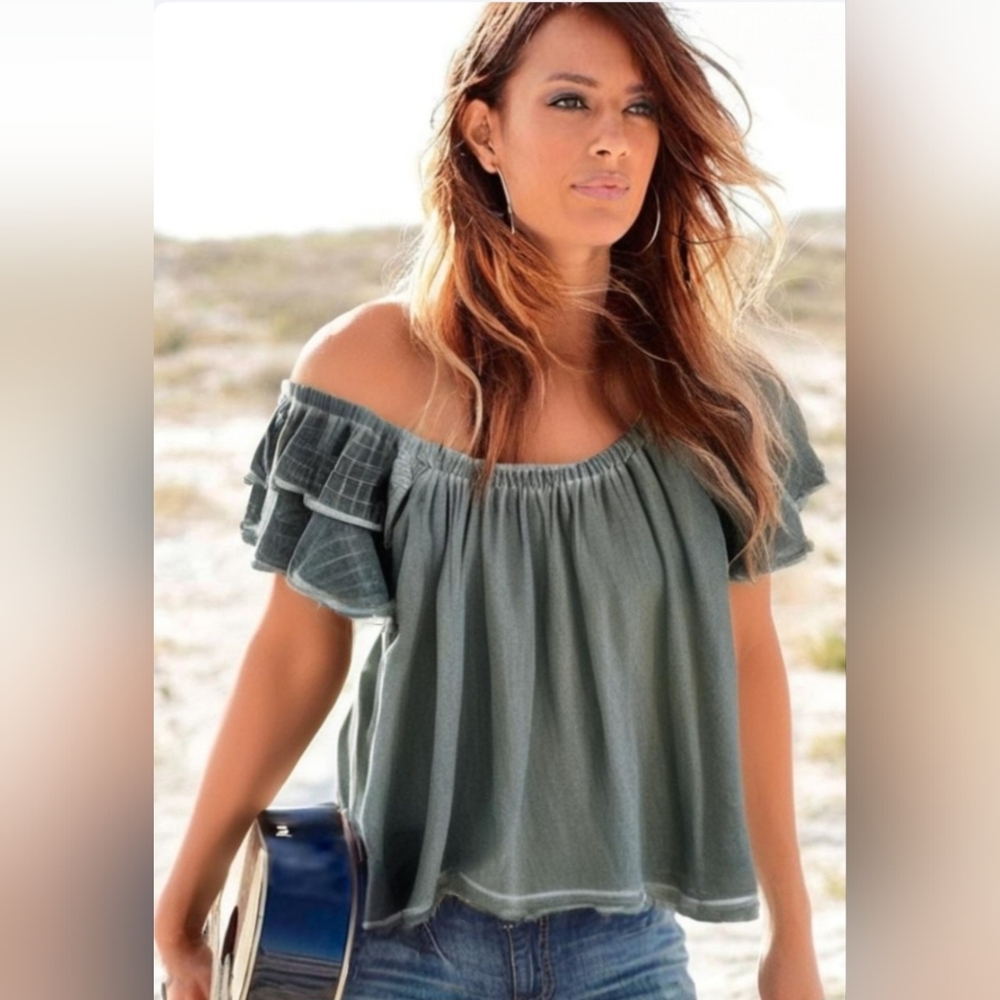 Redhaute Olive Green Flutter Sleeved Off The Shoulder Top